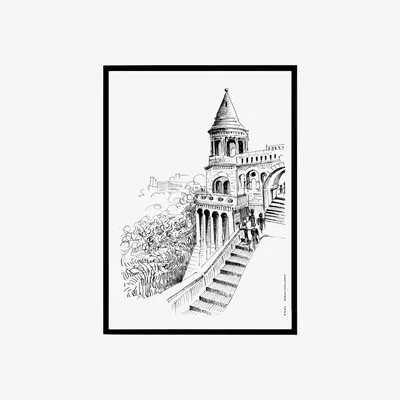 Wolf & Badger Black / White Budapest Castle Hand-Drawn Art Print - Capturing Hungary's Majestic Beauty Awol