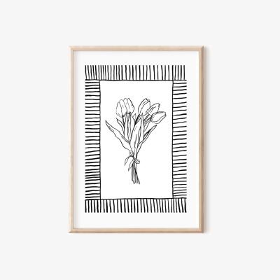 Wolf & Badger Black / White Spring Tulips With Stripe Border Edge Ink Drawing Print A3 297 X 420Mm Emily M Art & Design