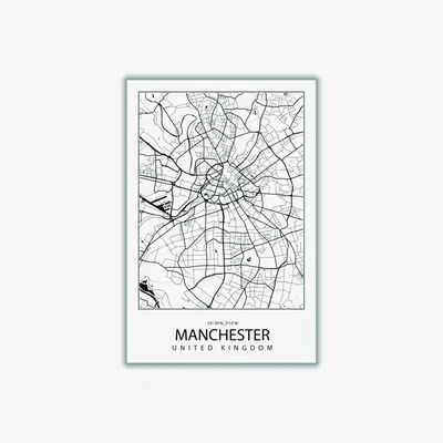 Wolf & Badger Black Map Of Manchester United Kingdom A4 210 X 297Mm Stanley Print House