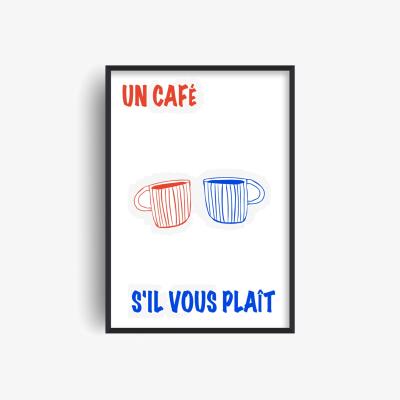Wolf & Badger Red / Blue Un Cafe French Coffee Kitchen Retro Inspired Giclée Art Print A3 | A4 | 210 X 297Mm | Fanclub