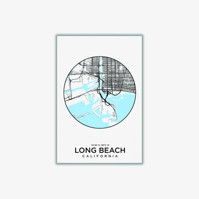 Wolf & Badger Blue Map Of Long Beach A4 210 X 297Mm Stanley Print House