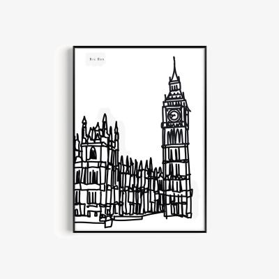 Wolf & Badger Black / White Big Ben Art Print - A2 | A2 | 420 X 594Mm | Natalie Cass Art