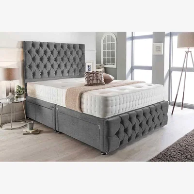 The Range Merina Divan Bed Set With Tall Headboard Mattress-Chenille, 2 Drawers Right Side - Grey / Silver / Super King / Superking