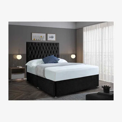 The Range Jemma Divan Bed Set with Headboard Mattress-Chenille, 2 Drawers Right Side - Black / Superking / Super King