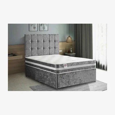 The Range Delia Divan Bed with Headboard Mattress-Chenille Fabric, 2 Drawers Left Side - Grey / Silver / Super King / Superking
