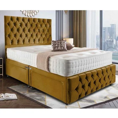 The Range Nahia Divan Upholstered Plush Velvet Bed Frame - Yellow / Superking