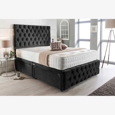 The Range Merina Divan Bed with Tall Headboard Mattress-Chenille, 2 Drawers Left Side - Black / Superking / Super King