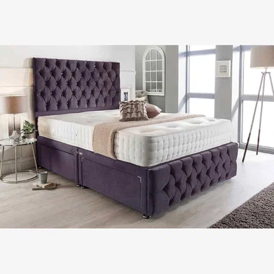 The Range Merina Divan Bed Set with Tall Headboard Mattress-Chenille Fabric, Non Storage - Purple / Superking / Super King