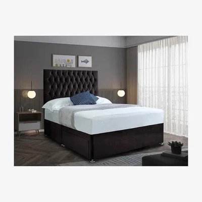 The Range Jemma Divan Bed Set with Headboard Mattress-Plush Fabric, 2 Drawers Left Side - Black / Superking / Super King