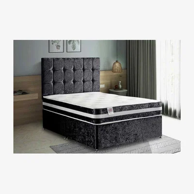 The Range Delia Divan Bed with Headboard Mattress-Crushed Fabric, 2 Drawers Right Side - Black / Superking / Super King