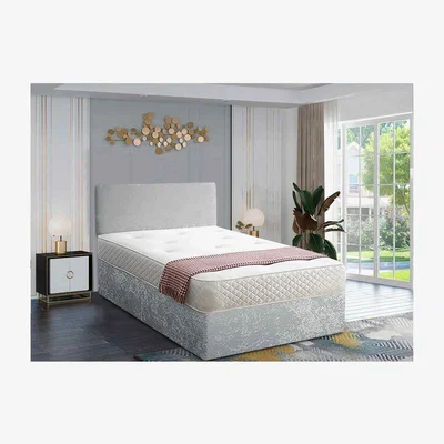 The Range Loria Divan Bed Set with Headboard Mattress-Crushed Fabric,2 Drawers Left Side - Grey / Silver / Superking / Super King