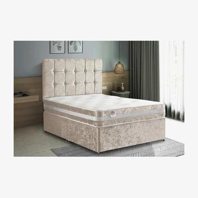 The Range Delia Divan Bed Set with Headboard Mattress-Crushed Fabric,2 Drawers Left Side - Yellow / Cream / Super King / Superking