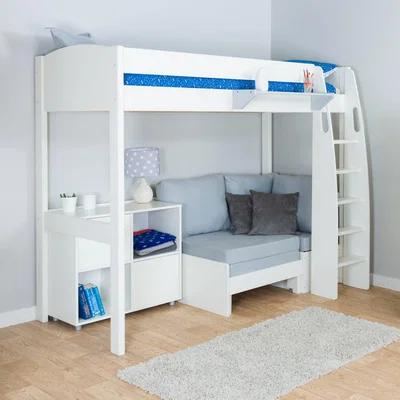 Dunelm Stompa Uno High Sleeper with Corner Sofa and Cube Unit, Pine White