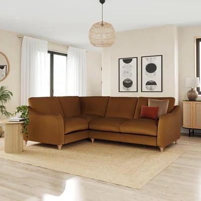 Dunelm Hattie Matte Plush Velvet Corner Sofa Matte Plush Velvet Caramel