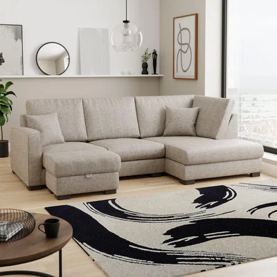 Dunelm Carson Chunky Chenille Right Hand Facing U-Shaped Sofa with Detachable Footstool Chunky Chenille Mushroom