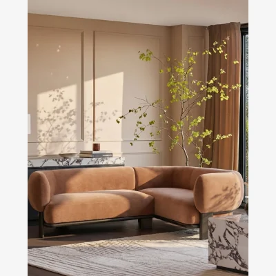 Danetti Florence apricot fabric with dark wood right hand facing small corner sofa