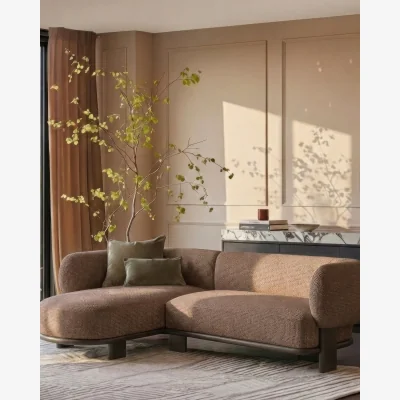 Danetti Florence mocha fabric with dark wood left hand facing chaise sofa