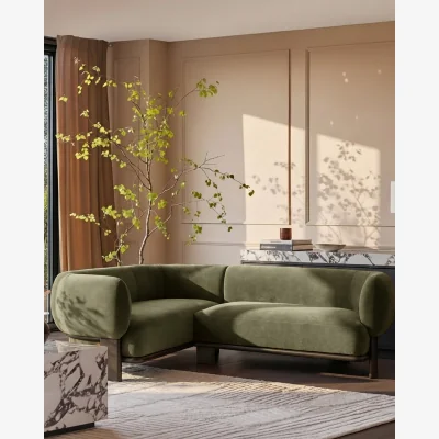 Danetti Florence olive green fabric with dark wood left hand facing small corner sofa