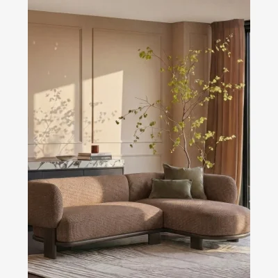 Danetti Florence mocha fabric with dark wood right hand facing chaise sofa