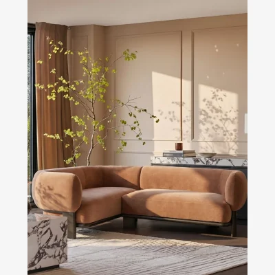 Danetti Florence apricot fabric with dark wood left hand facing small corner sofa