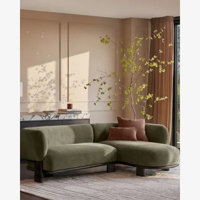 Danetti Florence olive green fabric with dark wood right hand facing chaise sofa