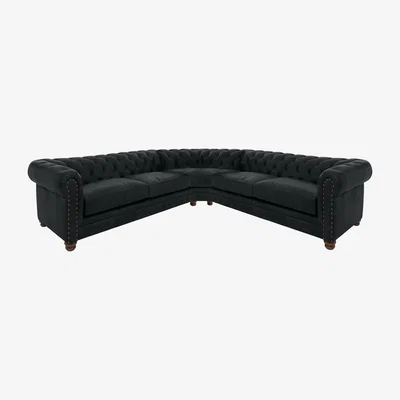 Furniture Village Alexander and James - Chesterfield Collection Hugo Large Leather Corner Sofa - Indigo with Studs - Dark Feet