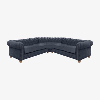 Furniture Village Alexander and James - Chesterfield Collection Hugo Large Fabric Corner Sofa - Linen Denim with Studs - Oak Feet