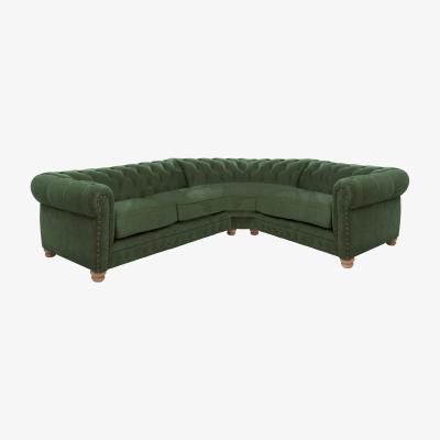 Furniture Village Alexander and James - Chesterfield Collection Hugo Small Fabric Right Hand Facing Corner Sofa - Highland Green with Studs - Oak Feet