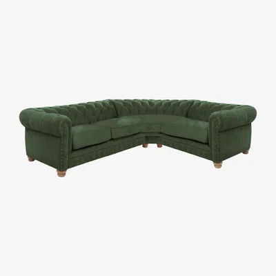 Furniture Village Alexander and James - Chesterfield Collection Hugo Small Fabric Right Hand Facing Corner Sofa - Highland Green with Studs - Oak Feet