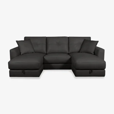 Furniture Village World of Leather - Nest Small NC Leather U-Shaped Corner Sofa with Double Storage Chaises - Black