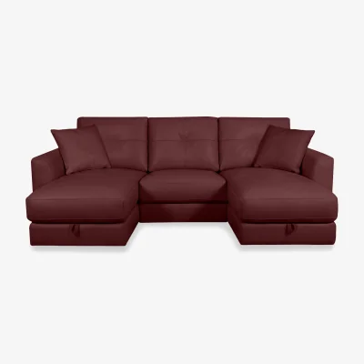 Furniture Village World of Leather - Nest Small NC Leather U-Shaped Corner Sofa with Double Storage Chaises - NC Deep Red