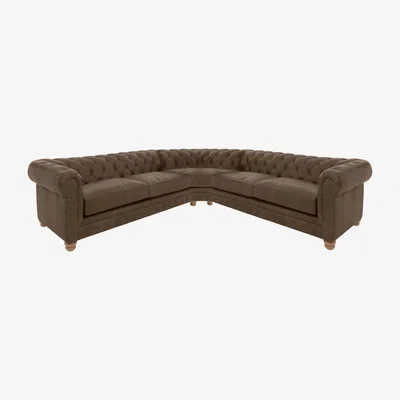 Furniture Village Alexander and James - Chesterfield Collection Hugo Large Leather Corner Sofa - Satchel Biscotti with Studs - Oak Feet