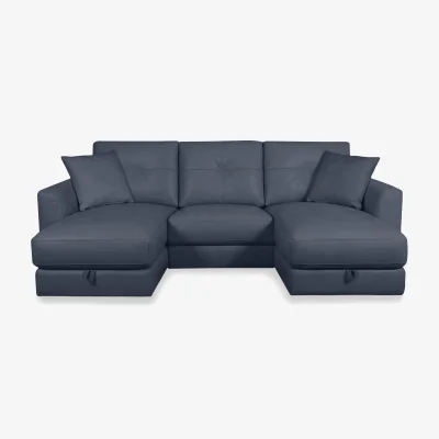 Furniture Village World of Leather - Nest Small NC Leather U-Shaped Corner Sofa with Double Storage Chaises - NC Ocean Blue