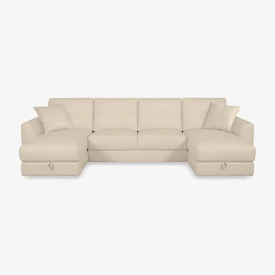 Furniture Village World of Leather - Nest Large NC Leather U-Shaped Corner Sofa with Double Storage Chaises - NC Bisque