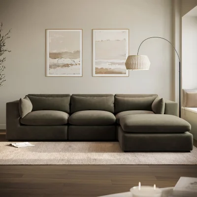 Furniture123 Large Khaki Green Velvet Reversible 4 Seater Chaise Corner Sofa - Hudson