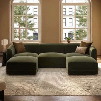 Furniture123 Large Olive Green Velvet 4-Seater U-Shape Modular Chaise Sofa - Laine