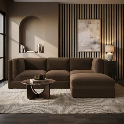 Furniture123 Brown Chenille 4 Seater L-Shape Modular Chaise Corner Sofa - Cameron