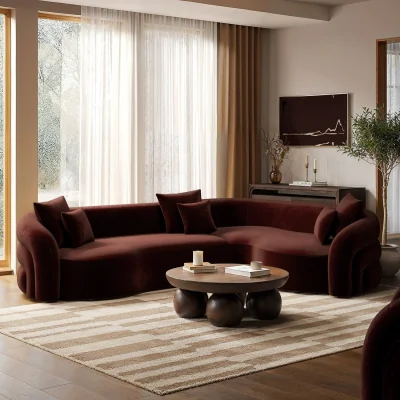 Furniture123 Deep Red Velvet Right Hand Facing 4 Seater Curved Corner Sofa - Zuri