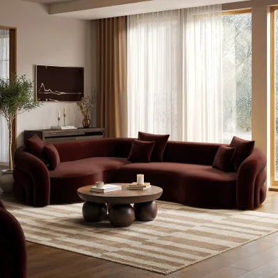 Furniture123 Deep Red Velvet Left Hand Facing 4 Seater Curved Corner Sofa - Zuri