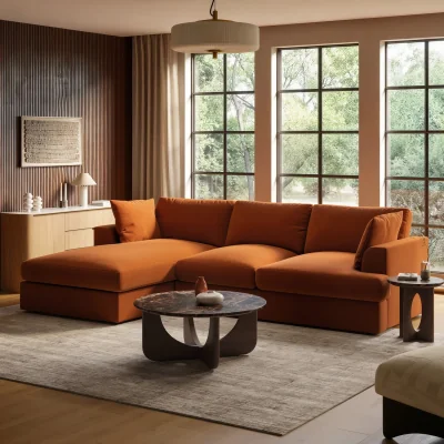 Furniture123 Large Burnt Orange Velvet Left Hand 4 Seater Chaise Corner Sofa - August