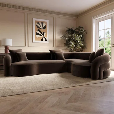 Furniture123 Brown Velvet Right Hand Facing 4 Seater Curved Corner Sofa - Zuri