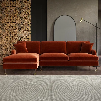 Furniture123 Burnt Orange Velvet Left  Hand Facing 4 Seater Chaise Corner Sofa - Payton