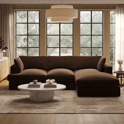 Furniture123 Large Chocolate Brown Velvet Right Hand 4 Seater Chaise Corner Sofa - August