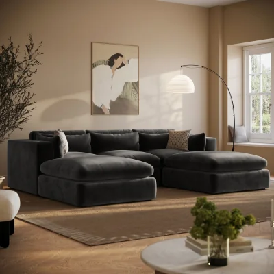 Furniture123 Charcoal Velvet Reversible 4 Seater Chaise Corner Sofa with Footstools - Hudson