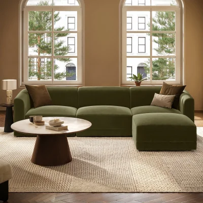 Furniture123 Large Olive Green Velvet Curved Modular 4 Seater Chaise Corner Sofa - Laine