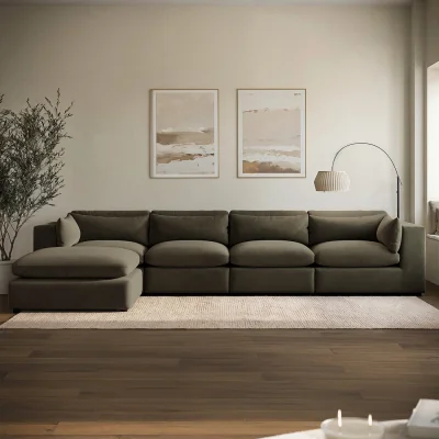 Furniture123 Khaki Green Velvet 5-Seater L-Shape Corner Sofa with Reversible Chaise - Hudson
