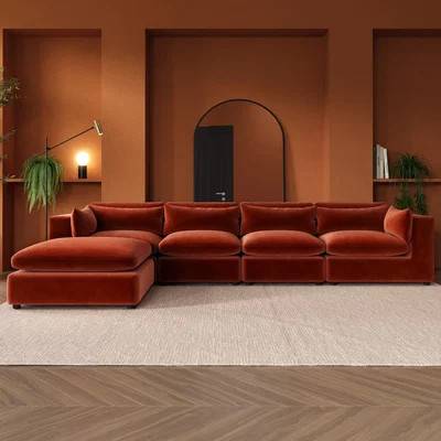 Furniture123 Large Burnt Orange Velvet 5 Seater Chaise Corner Sofa - Hudson