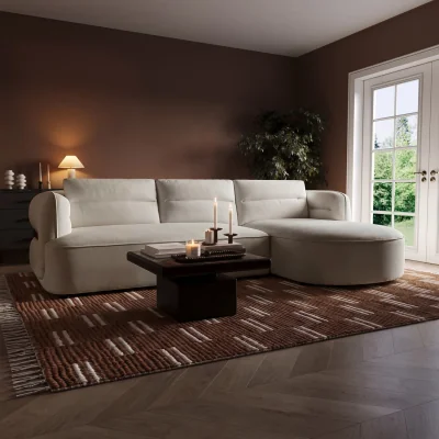 Furniture123 Cream Chenille 4 Seater Right Hand L-Shape Curved Chaise Corner Sofa - Bodhi