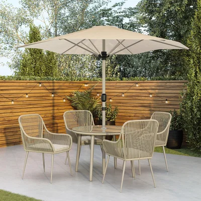 Furniture123 Beige Rope Wicker Corner Sofa Set with Matching Bench Stools & Parasol