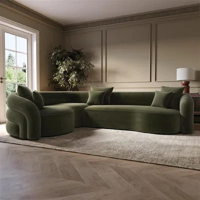 Furniture123 Green Velvet Left Hand Facing 4 Seater Curved Corner Sofa - Zuri